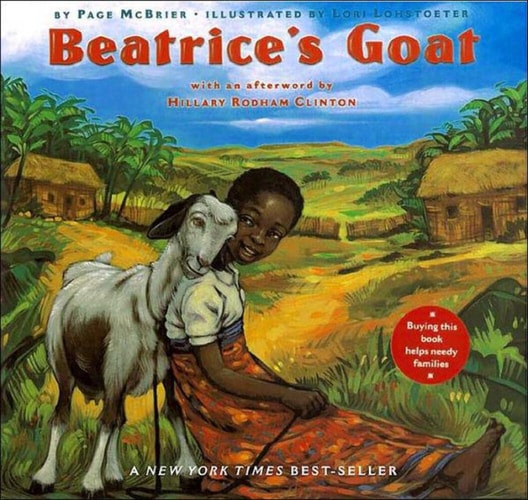 Illustrated cover of 'Beatrices Goat' showing a young girl in an African village with a goat, with a backdrop of hills and a blue sky.