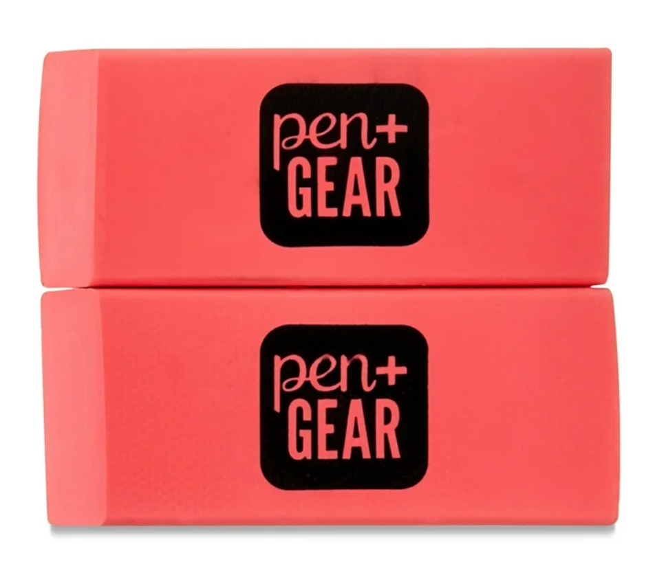 Two white PVC- and latex-free erasers, each 2 inches long, displayed side by side on a wood surface