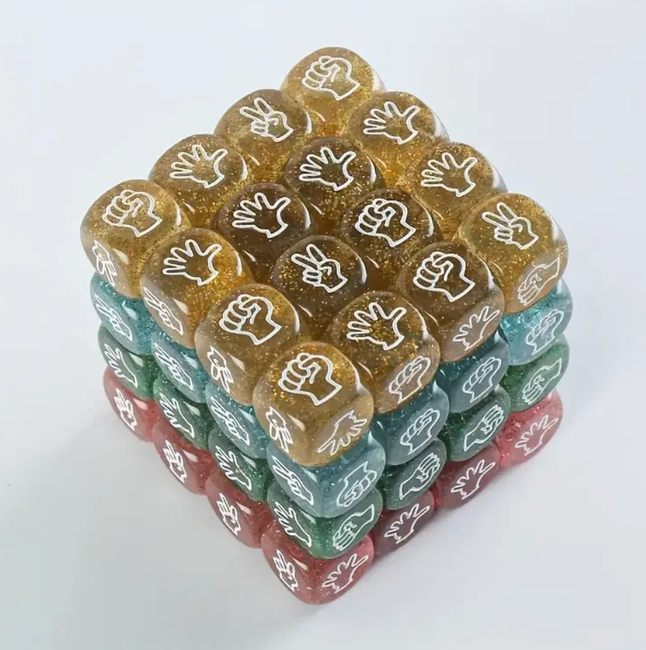 Stack of colorful dice with hand symbols on a white background