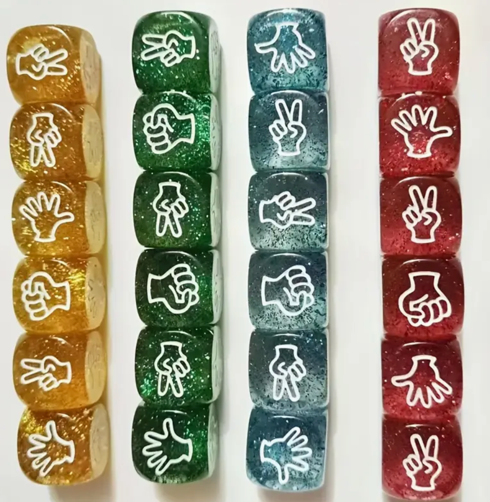 Set of dice with hand symbols on a white background