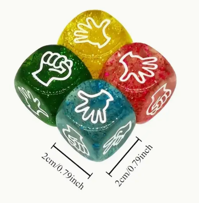 Four colorful dice with hand symbols on a white background, with measurements indicated.