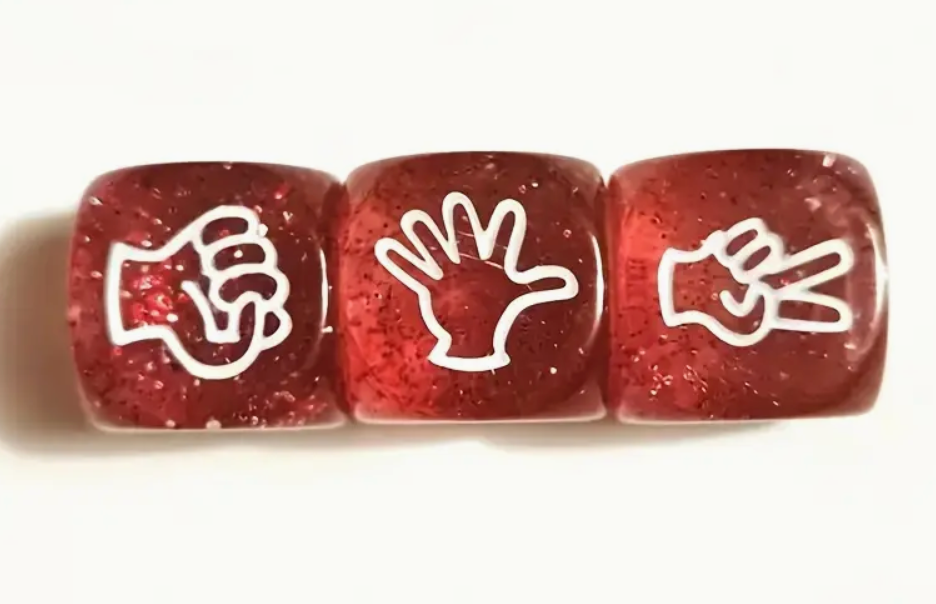 Three red glittery beads with white hand symbols on a white background