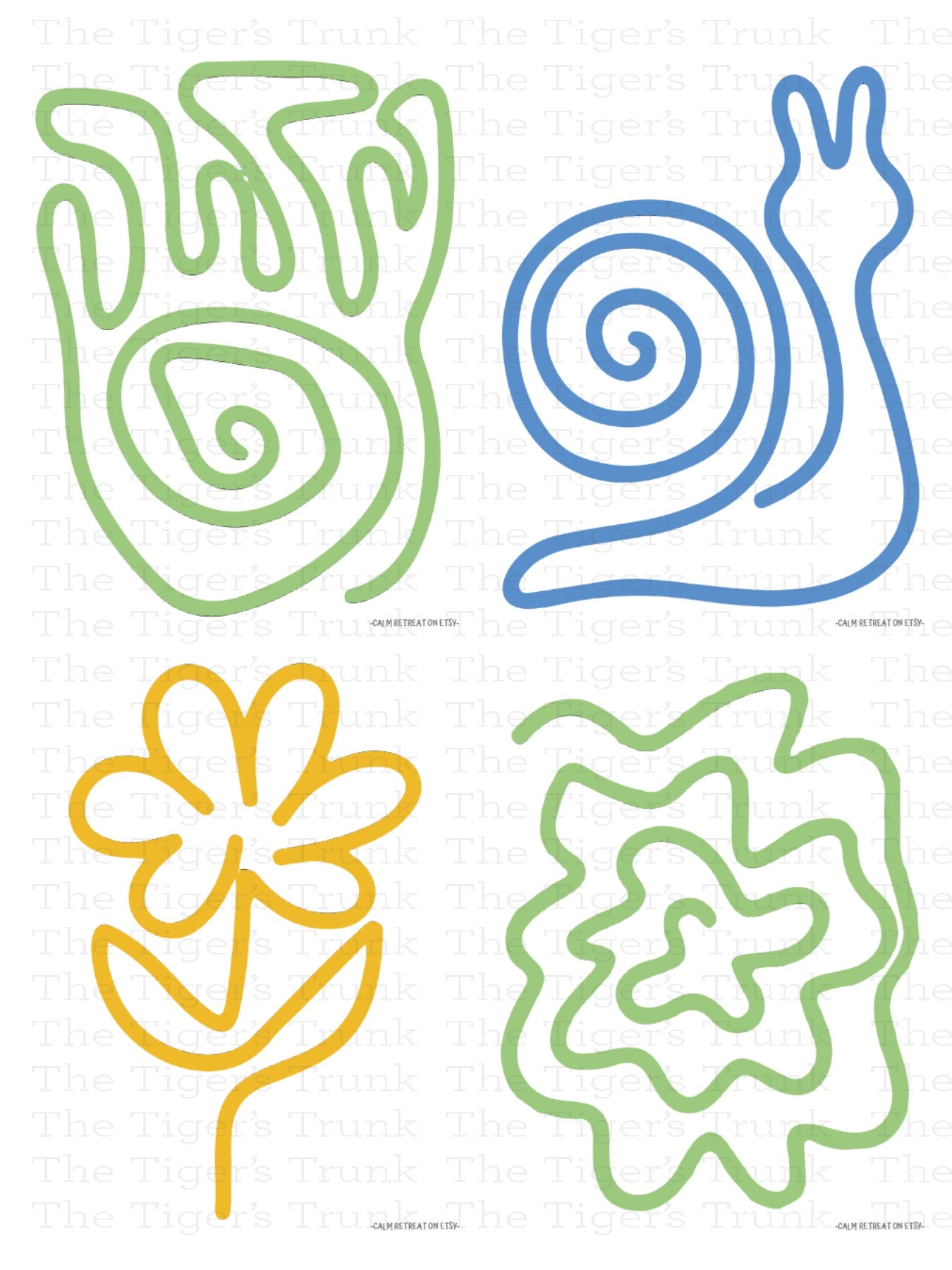 Packet of calming cards with finger tracing designs for kids, shown with paths and shapes for anxiety relief
