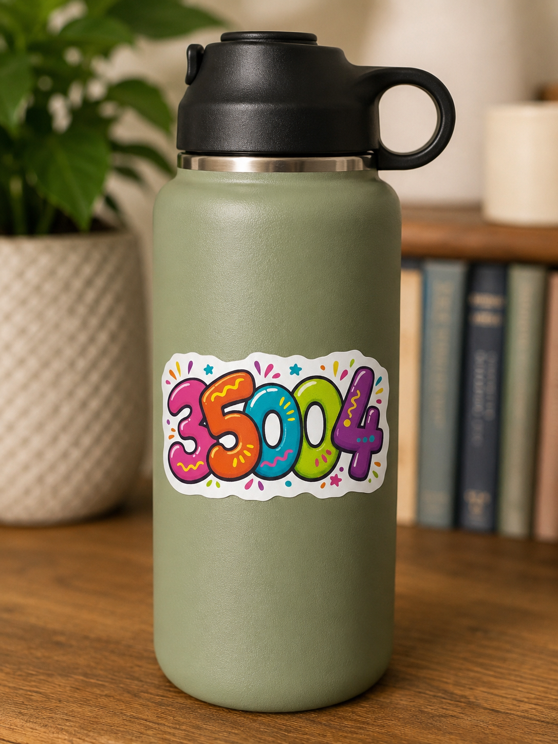 Colorful 35004 local pride sticker displayed on a sage green water bottle