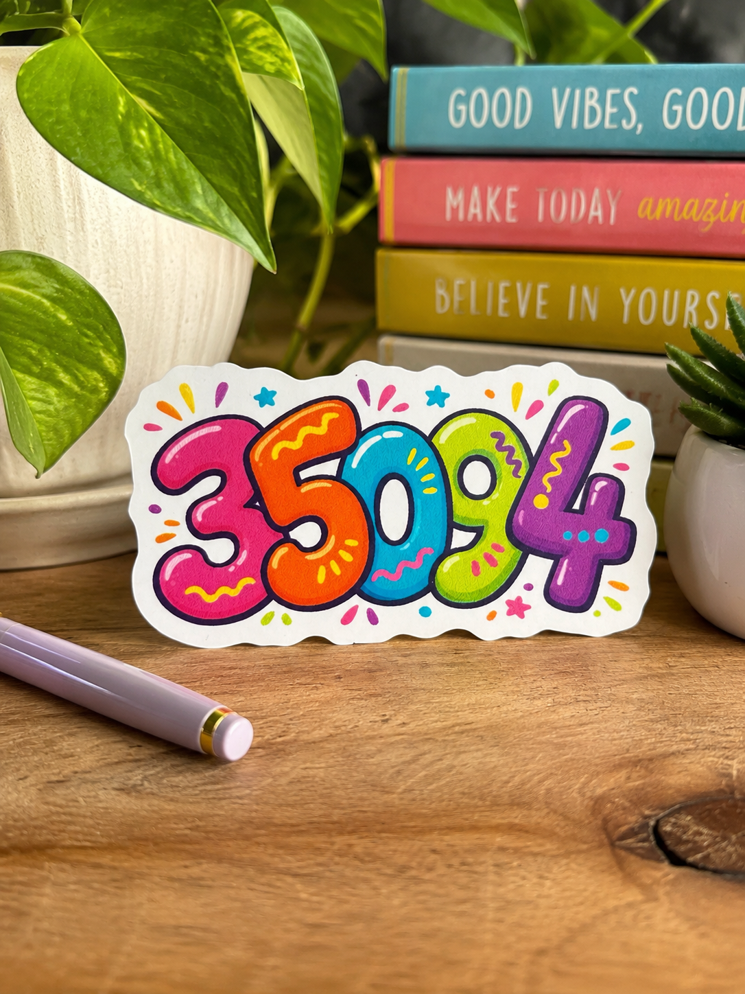 Colorful die-cut vinyl sticker featuring the numbers 35094 in bright playful lettering representing the Leeds, Alabama ZIP code.
