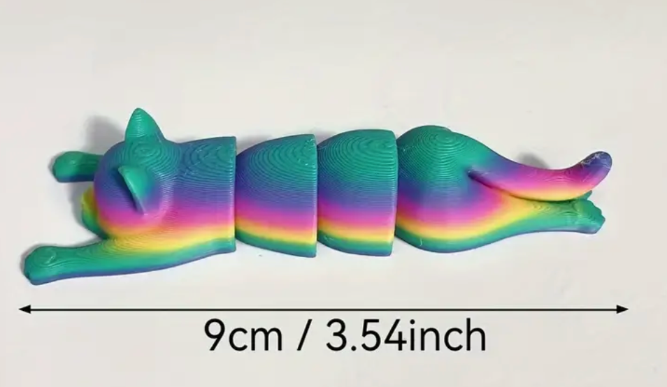 A 3.5" 3D-printed cat figurine in pastel tie-dye colors, featuring a smooth finish and charming design.