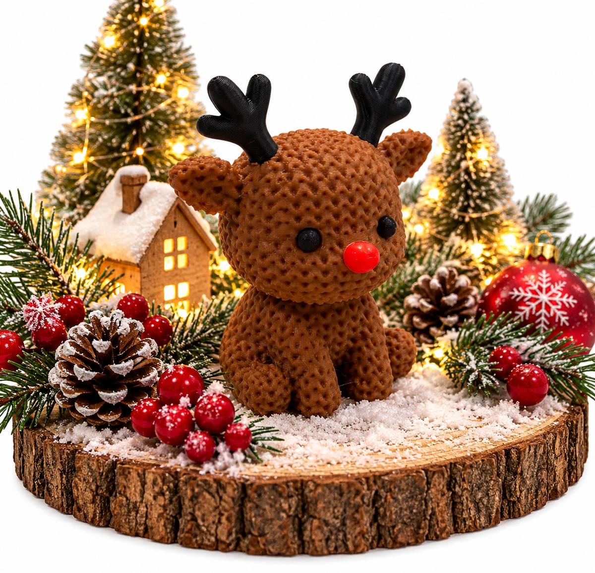 Cute brown 3D printed Christmas reindeer with black antlers and bright red nose