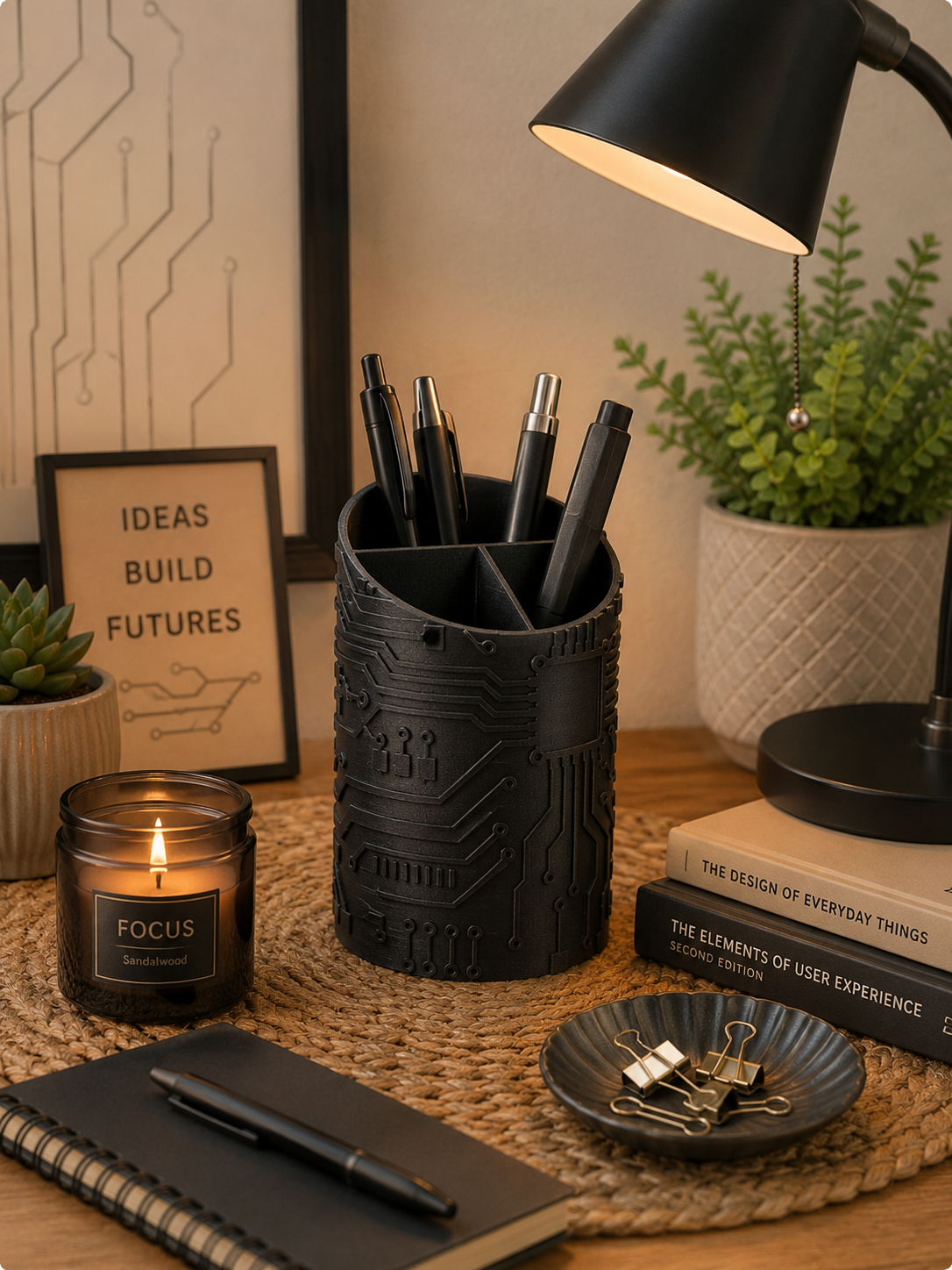 3D printed circuit board pen holder with futuristic PCB texture design