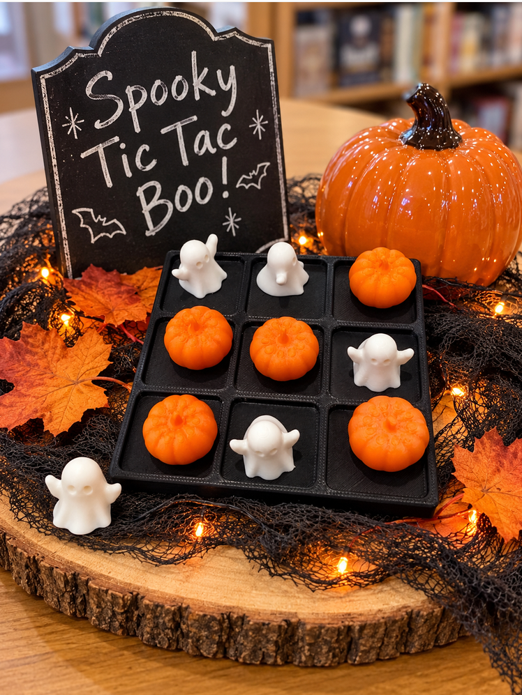 3D printed Halloween tic tac toe game featuring a black nine-square board with orange pumpkin and white ghost playing pieces, displayed with fall leaves, Halloween decorations, and a spooky chalkboard sign.