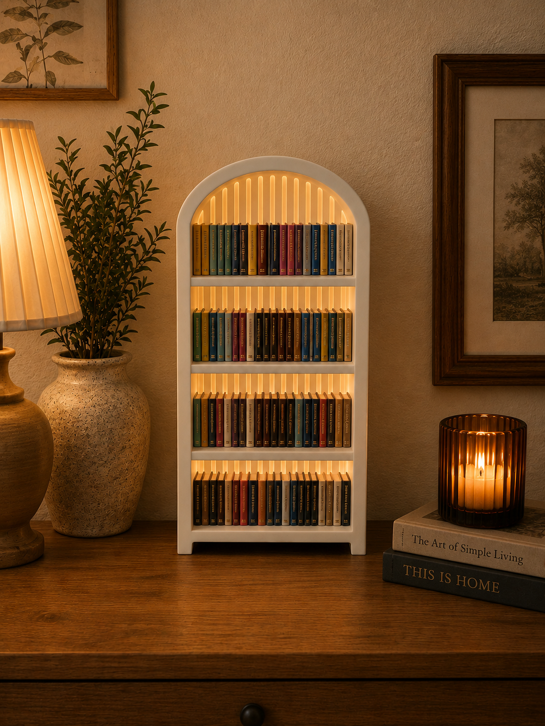 Bookshelf with illuminated books in a cozy room setting with a lamp, plant, and framed pictures.