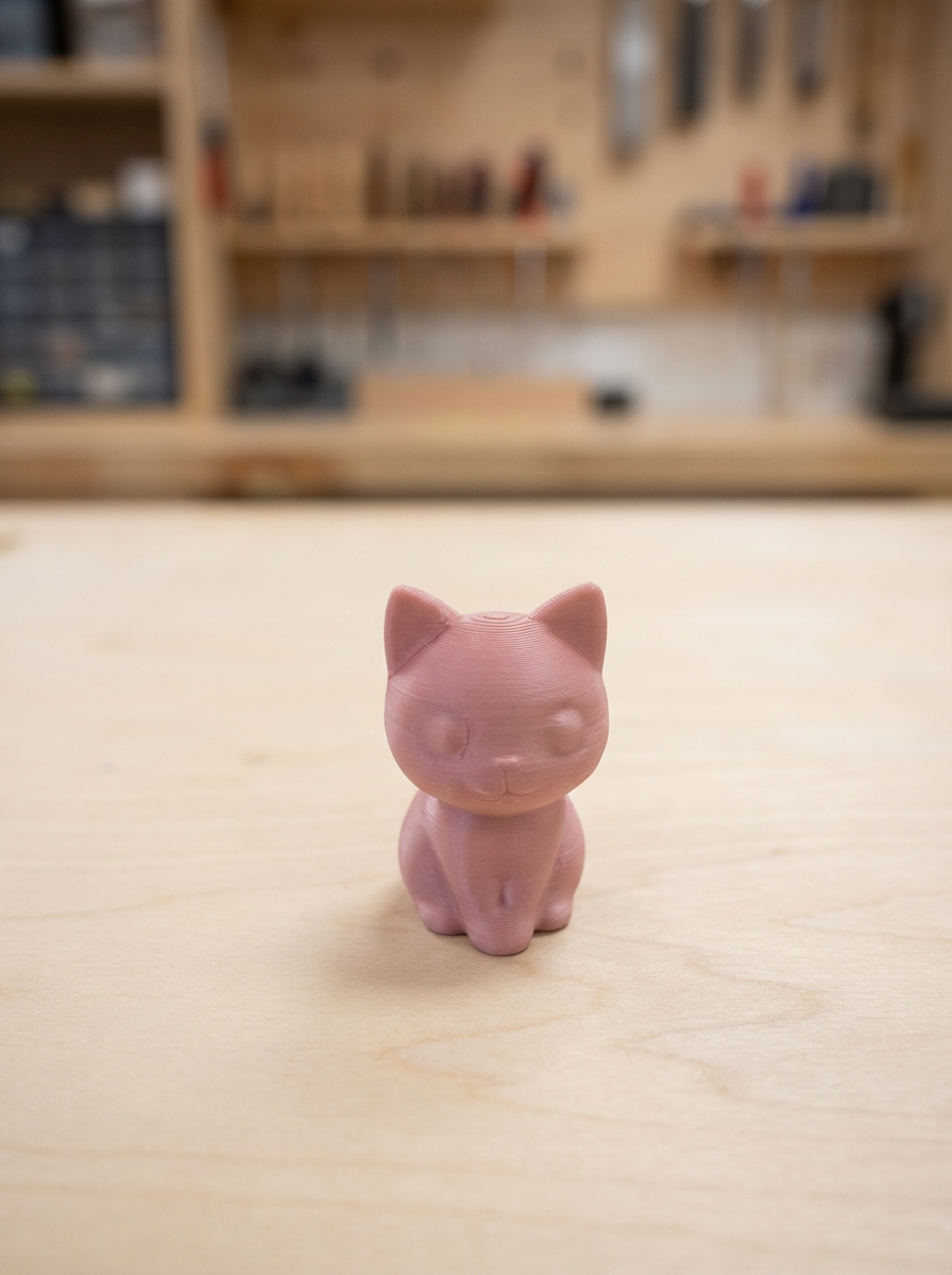 Small pink 3D printed cat figurine sitting on a wooden surface with a softly blurred workshop background