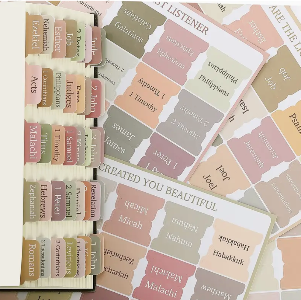 Set of colorful book tabs with Bible chapter names on a white background
