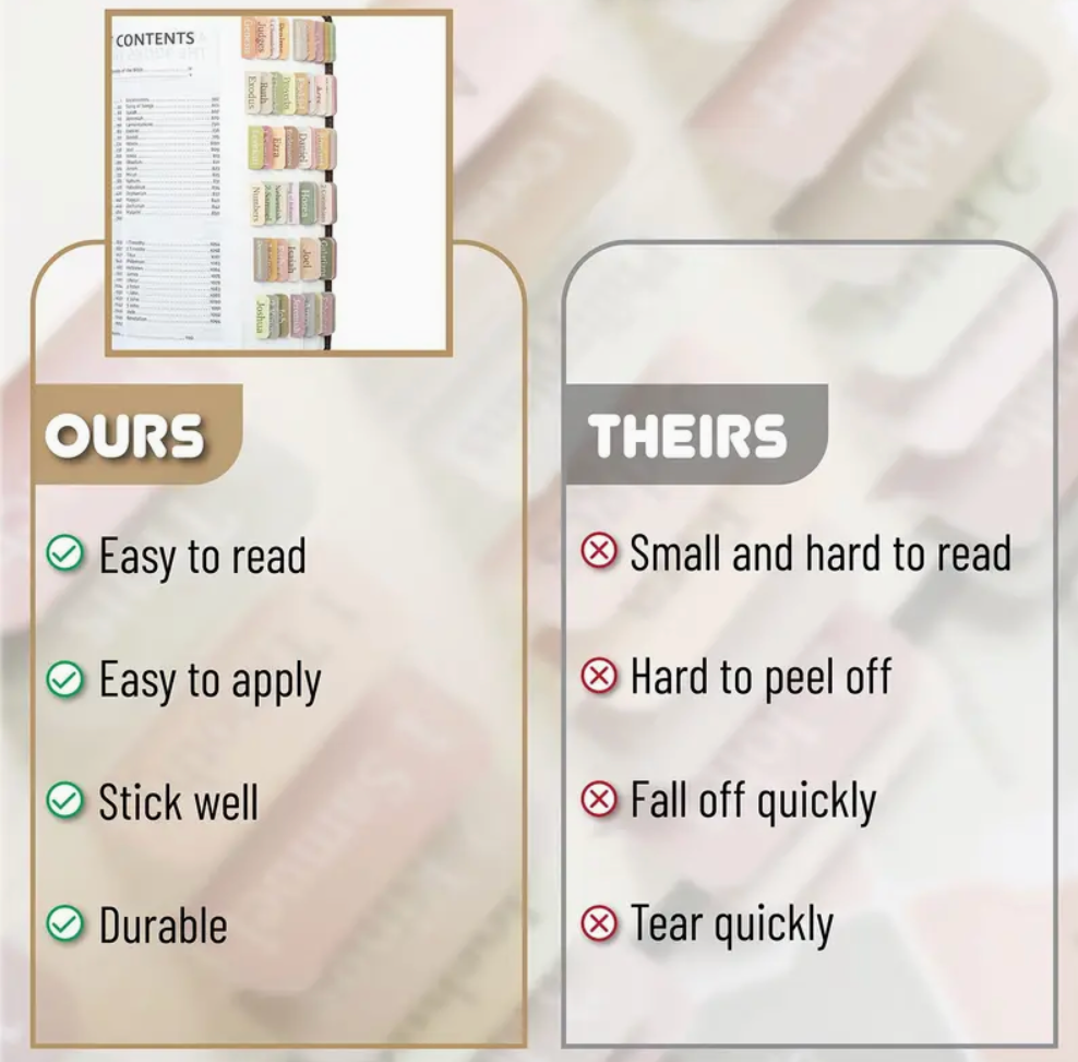 Comparison chart showing features of 'OURS' and 'THEIRS' products.