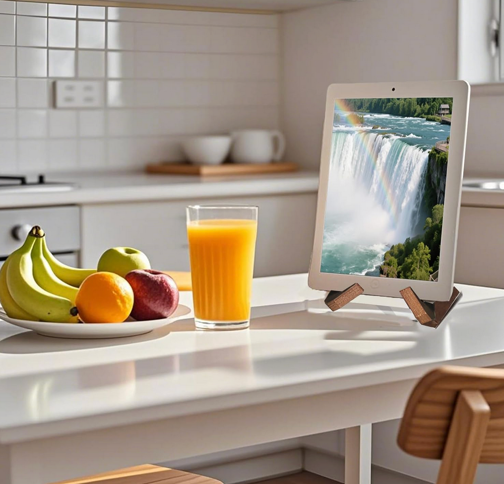 Tablet on a stand displaying a waterfall image, placed on a kitchen counter with fruit and juice.