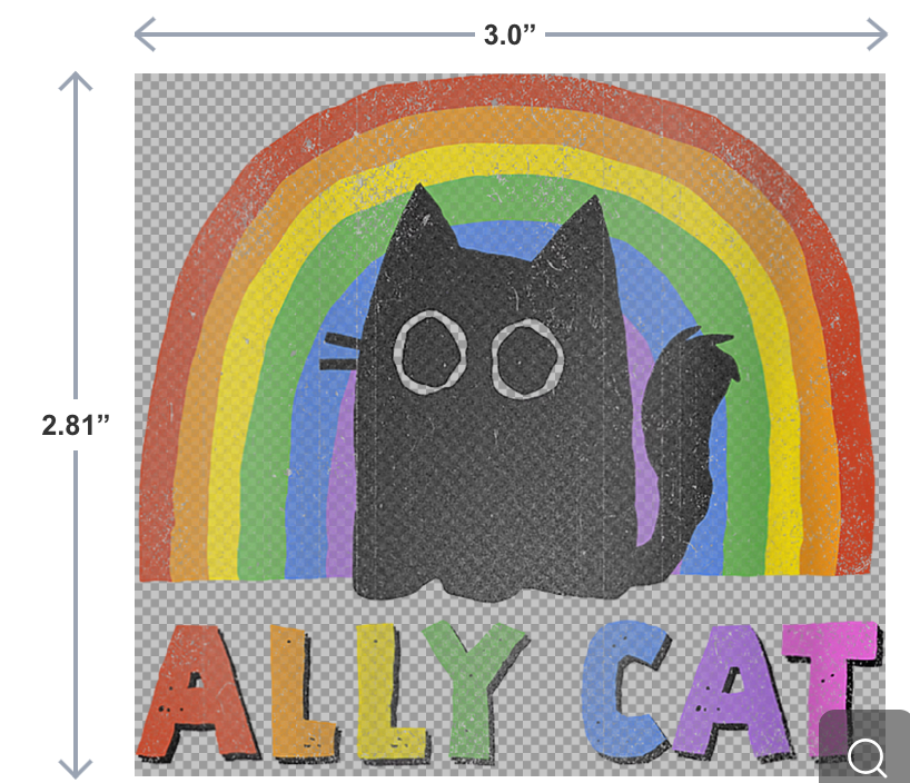 3-inch UV-DTF sticker with a black cat sitting under a rainbow and the words Ally Cat in colorful text