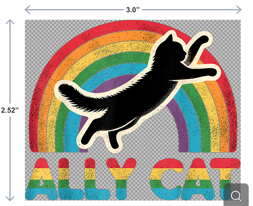 3-inch UV-DTF sticker with a black cat sitting under a rainbow and the words Ally Cat in colorful text