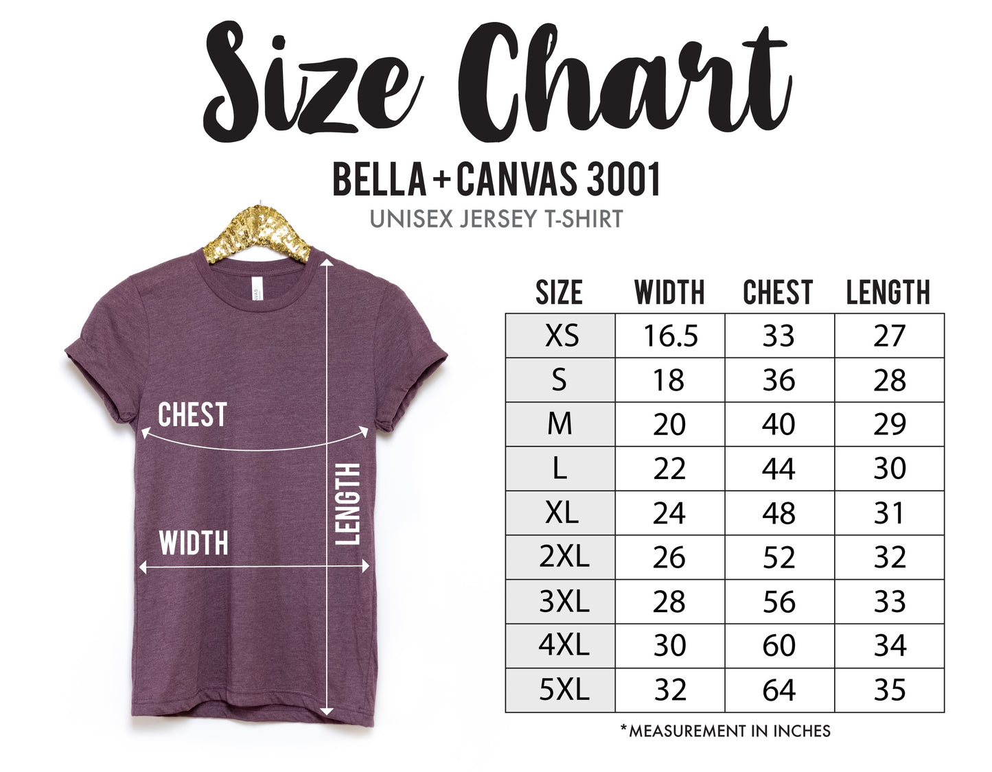 Bella Short-Sleeve Shirt Sizing Chart