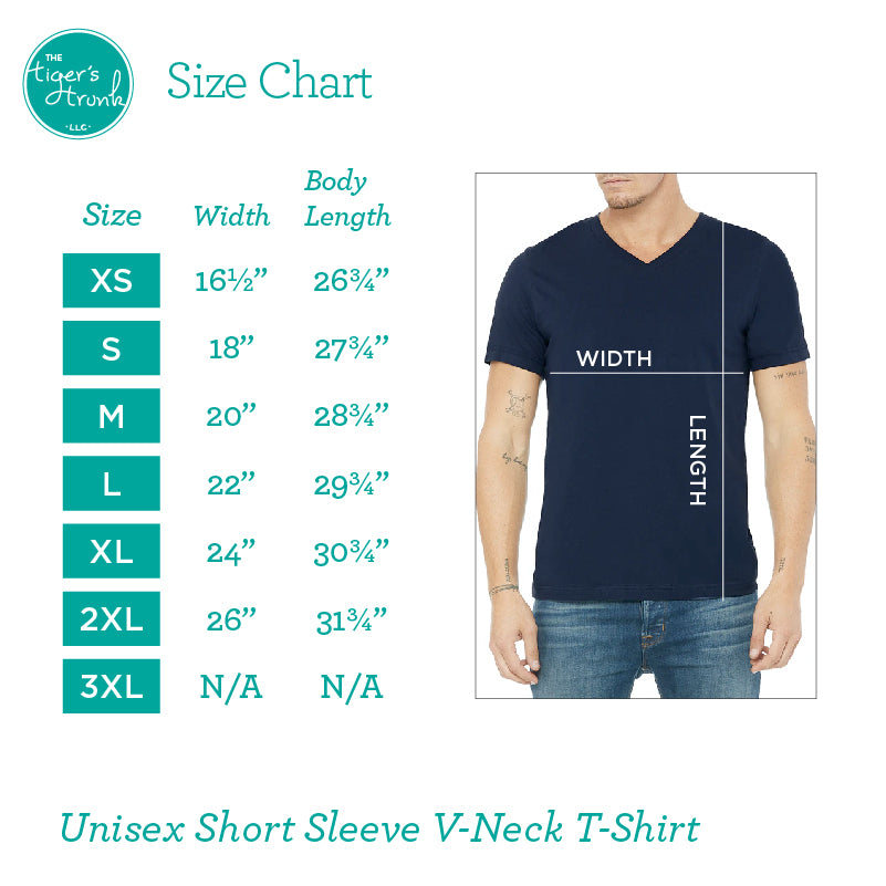 Size chart for a unisex short sleeve V-neck t-shirt with measurements and a person wearing the shirt.