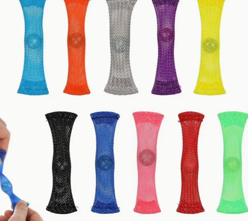 Collection of colorful fishnet fidgets in various colors on a white background.