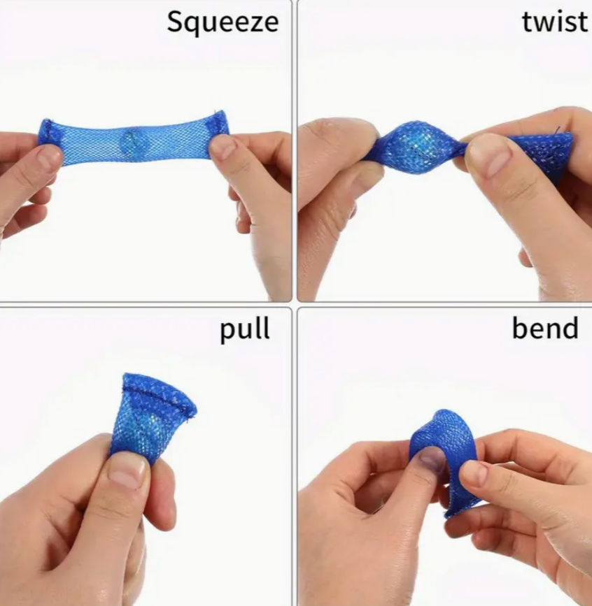 Instructions on how to manipulate a blue mesh band with text labels 'squeeze', 'twist', 'pull', and 'bend'.