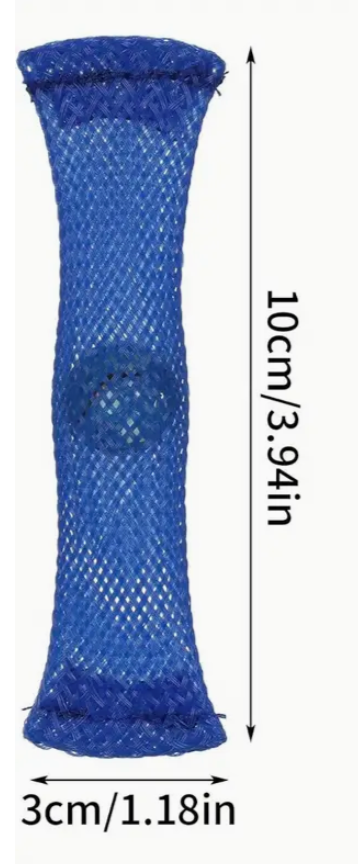 Blue mesh bag with dimensions labeled