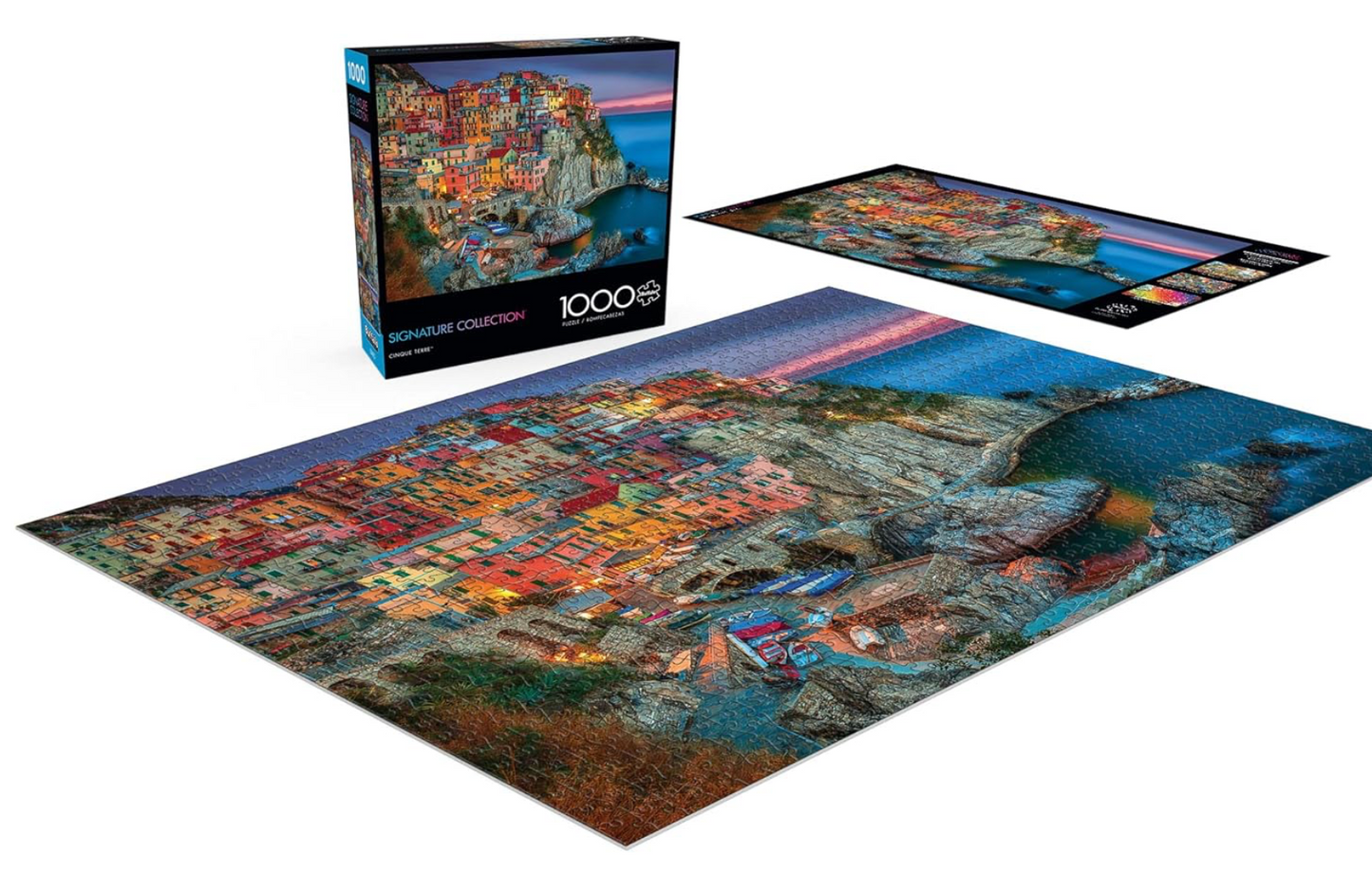 Jigsaw puzzle with completed pieces and packaging on a white background