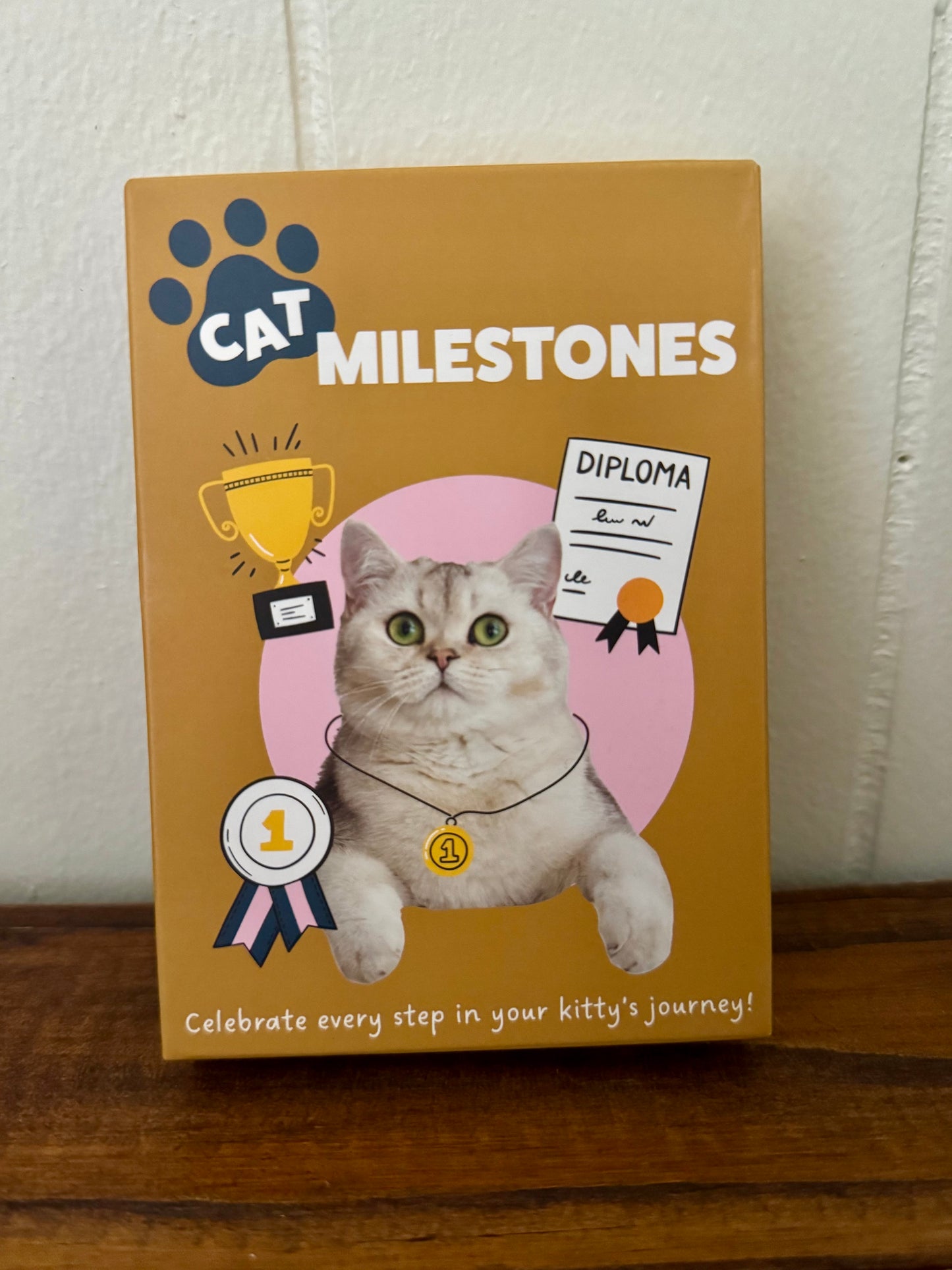 Set of 20 illustrated Cat Milestone Cards displayed on a wooden surface, each depicting different feline milestones