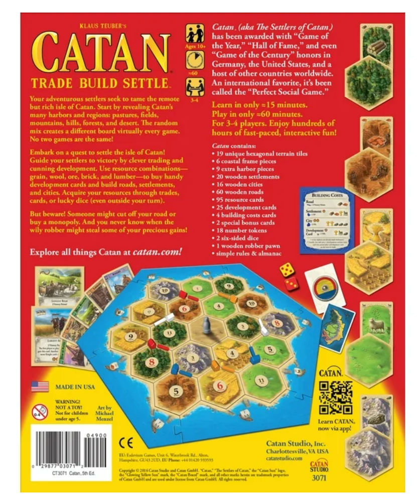 Back cover of a board game packaging with hexagonal tiles and game pieces on a red background