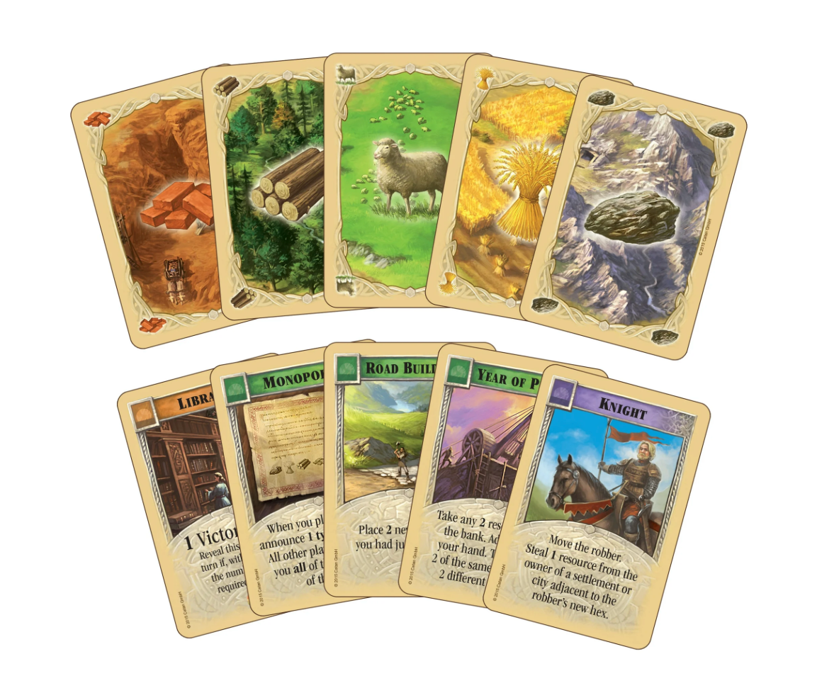 Collection of trading cards with various illustrations and text on a white background