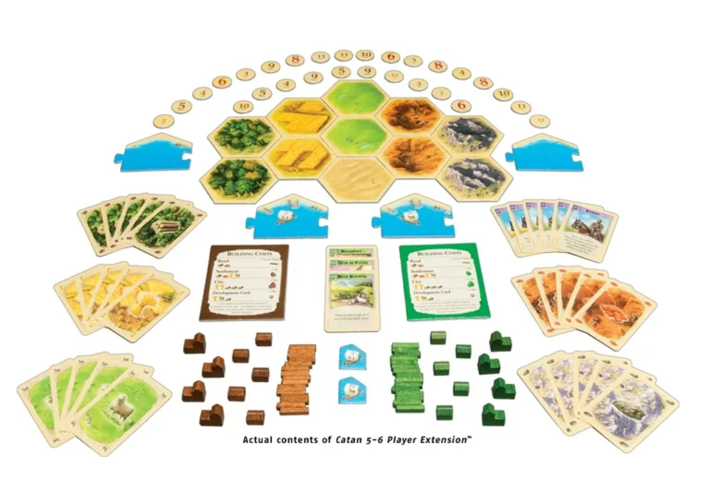 Board game components including cards, hexagons, and dice on a white background