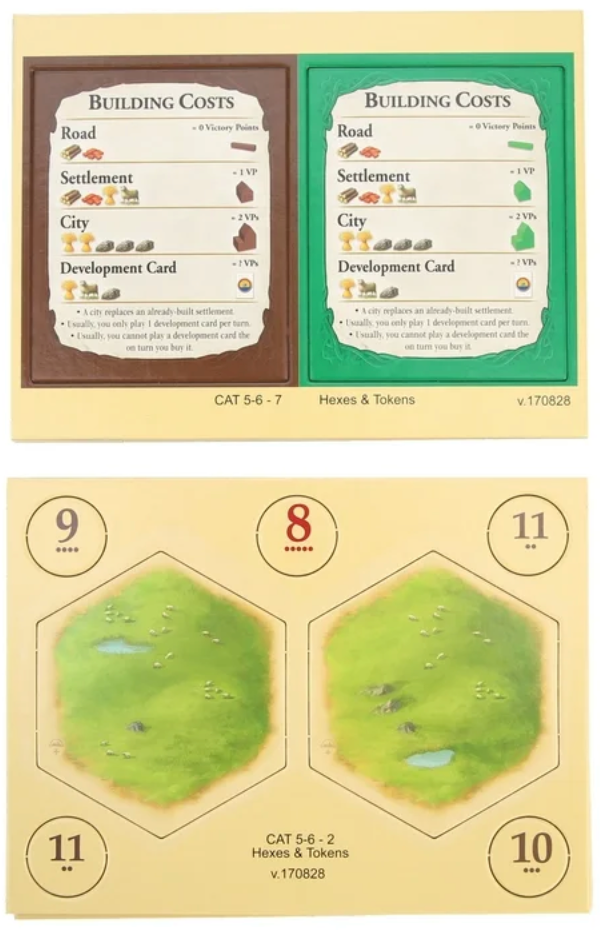 Set of game cards with 'Building Costs' and hexagonal tiles on a beige background