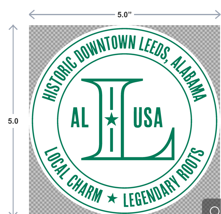 Circular logo with text 'Historic Downtown Leeds, Alabama' and 'AL USA' on a transparent background.