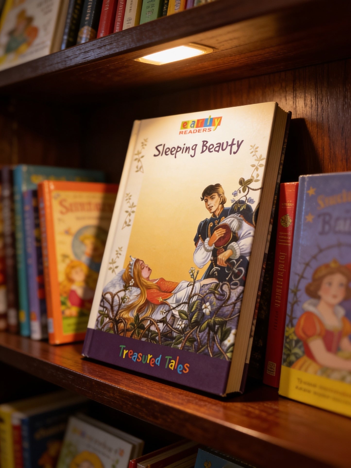 Children's book titled 'Sleeping Beauty' on a bookshelf with other books.