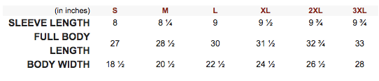 Size chart for sleeve length, full body length, and body width in inches.