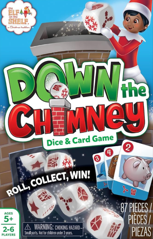 Down the Chimney card and dice game with festive Christmas-themed packaging—perfect for kids and family holiday game nights.