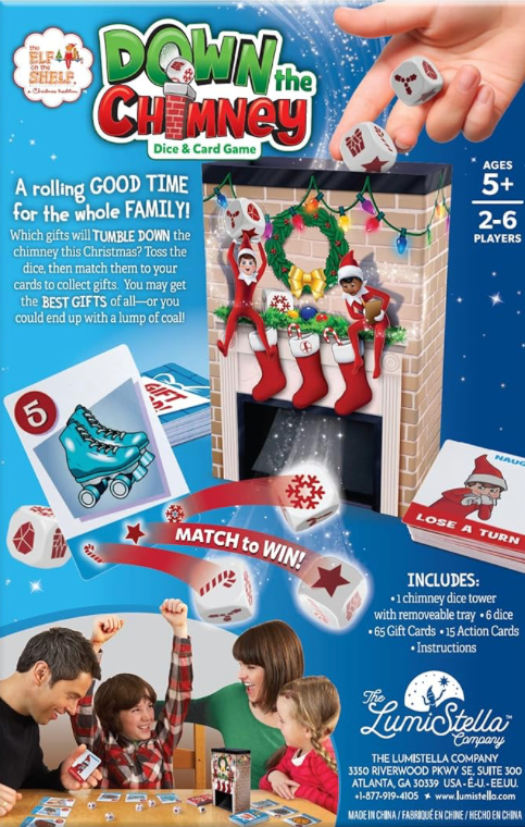Down the Chimney card and dice game with festive Christmas-themed packaging—perfect for kids and family holiday game nights.