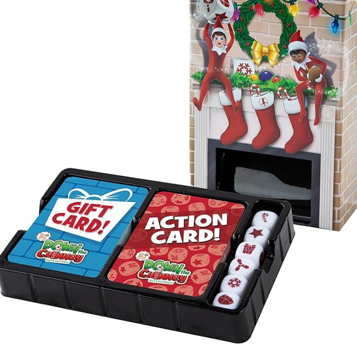 Down the Chimney card and dice game with festive Christmas-themed packaging—perfect for kids and family holiday game nights.