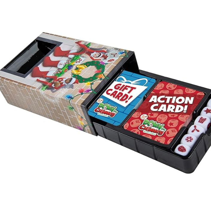 Down the Chimney card and dice game with festive Christmas-themed packaging—perfect for kids and family holiday game nights.