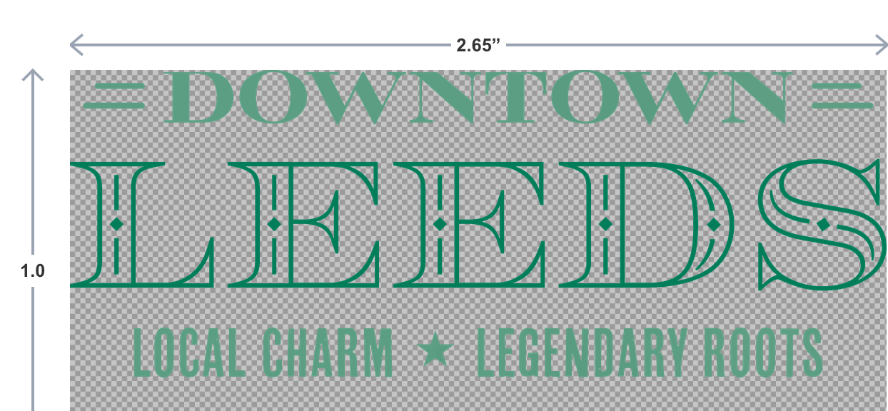 Text 'Downtown Leeds Local Charm Legendary Roots' with dimensions on a transparent background