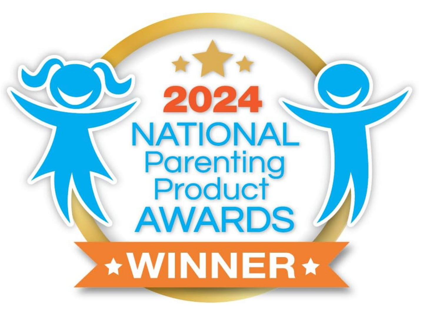 2024 National Parenting Product Awards winner logo with blue figures and orange text on a white background