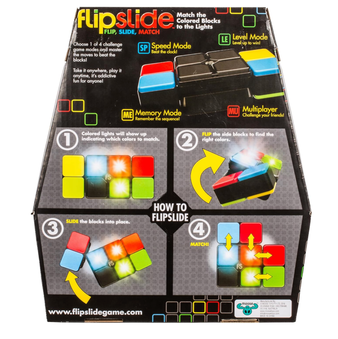 FlipSlide game packaging with colorful blocks and instructions on a black background