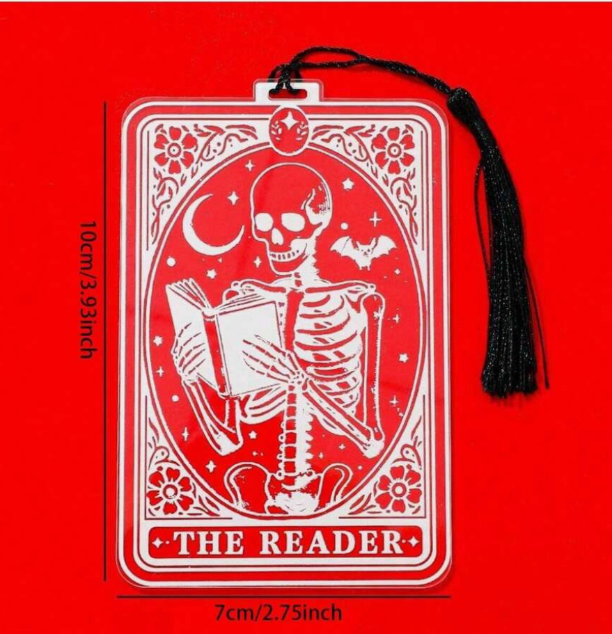 Card with skeleton design labeled 'The Reader' on a red background