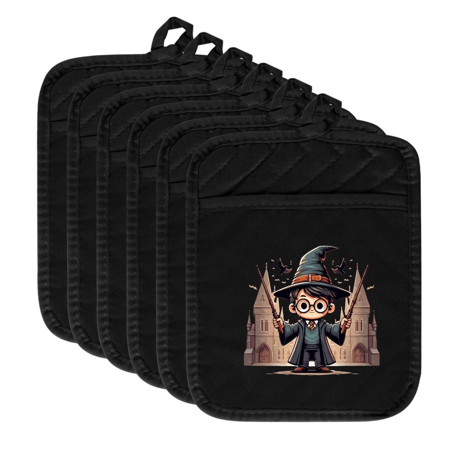 Set of black pot holders with a cartoon wizard design on a white background