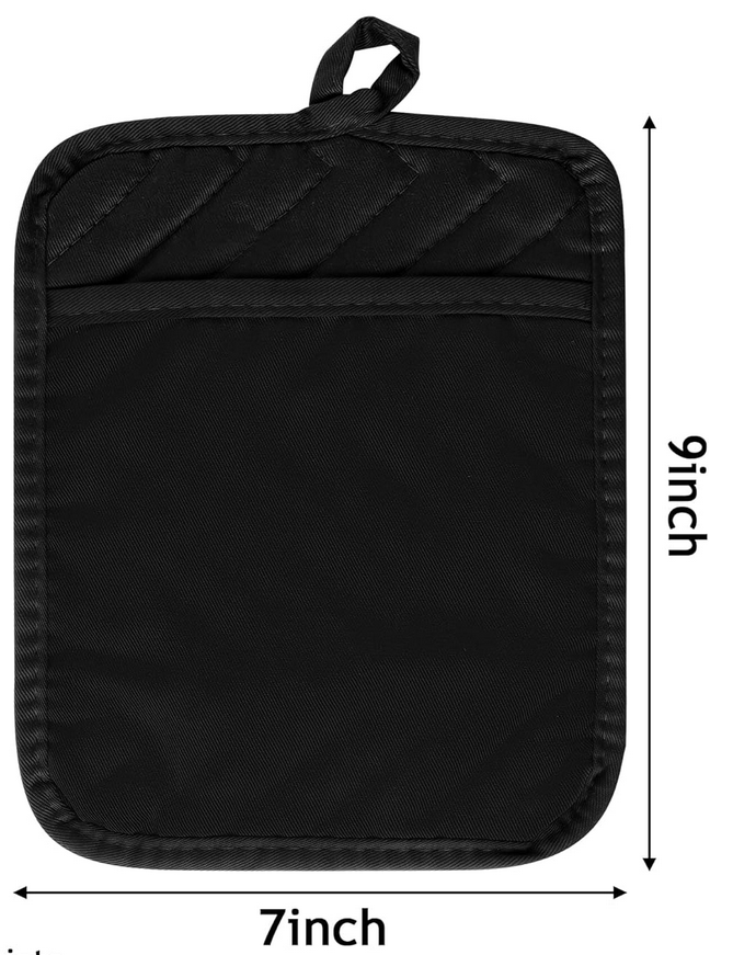 Black pot holder with dimensions labeled on a white background