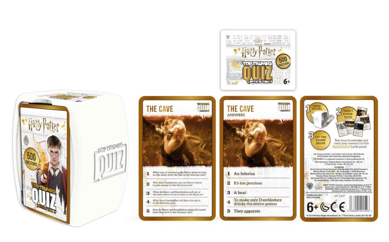 Harry Potter themed quiz game packaging with cards and box on a white background