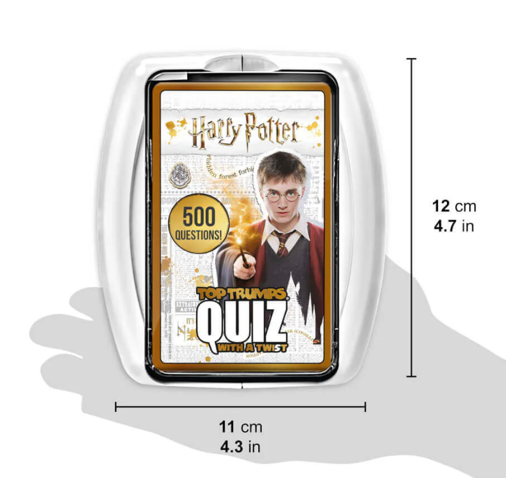 Top Trumps Quiz Harry Potter card game packaging held by a hand with dimensions displayed.
