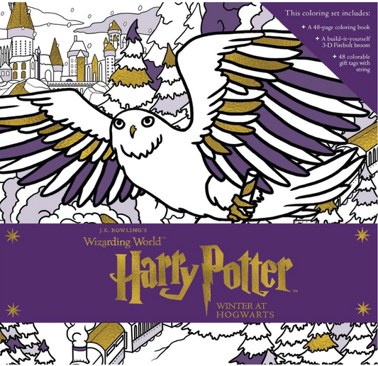 Coloring book cover featuring a snowy scene with an owl and Hogwarts castle, branded as 'Harry Potter'.