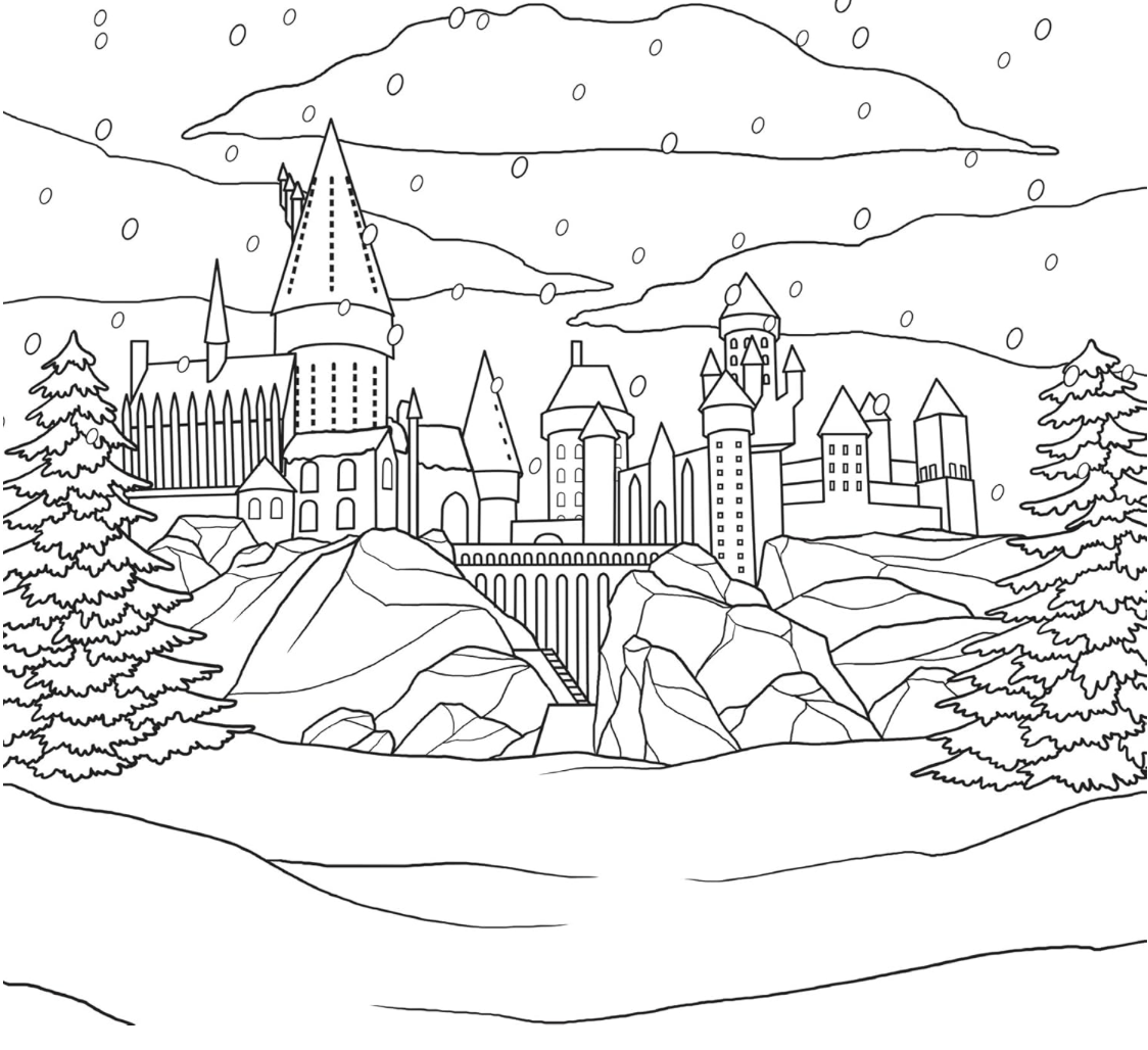 Black and white line drawing of a castle with trees and mountains