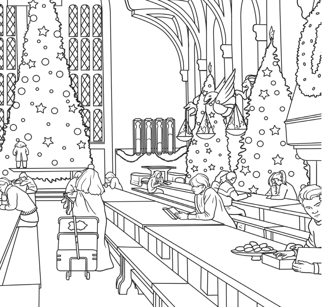 Coloring book page with a festive scene inside a grand building with Christmas trees and people.