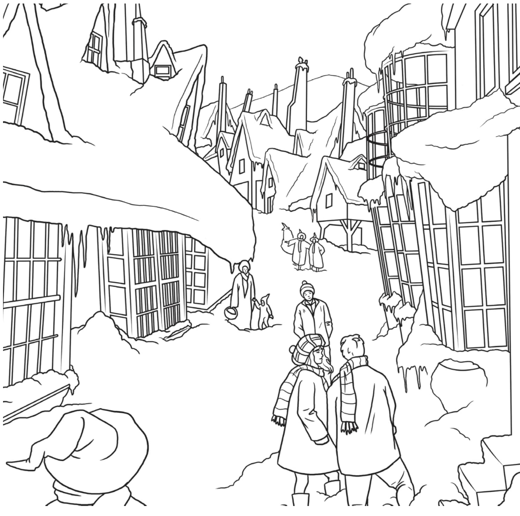Black and white line drawing of a snowy village scene with people and animals.